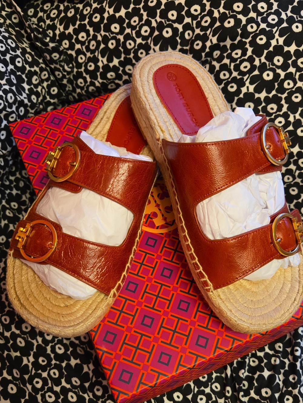 Tory Burch Cognac Leather Double-Buckle Espadrille Slide Sandals